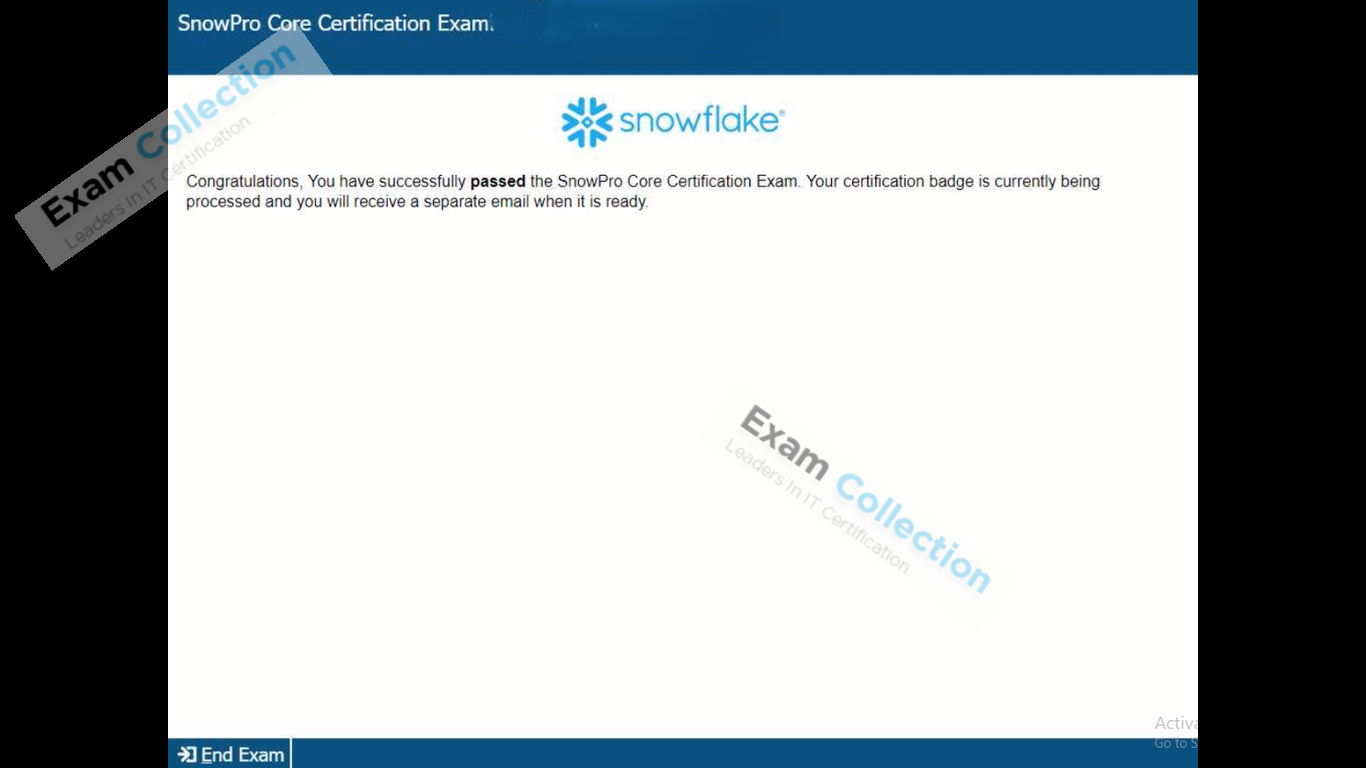 Passed score card for SnowPro Core Certification certification 3