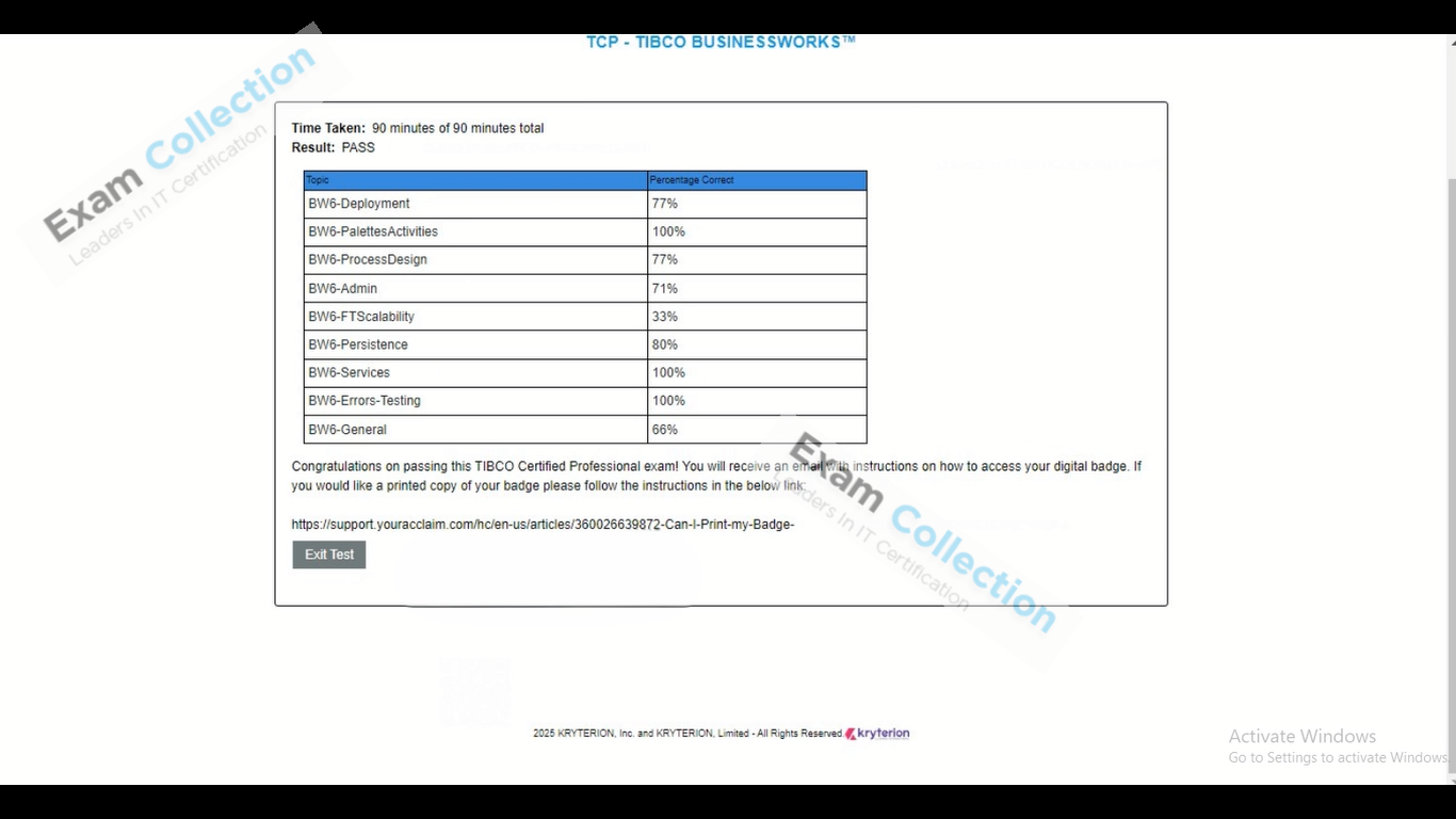Passed score card for TIBCO BusinessWorks 6 certification 1