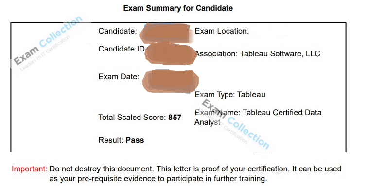 Passed score card for Tableau Certified Data Analyst certification 1