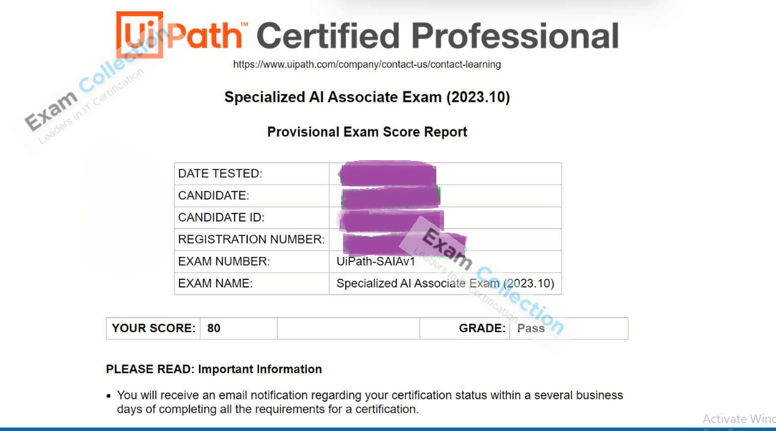 Passed score card for UiPath Specialized AI Associate certification 1